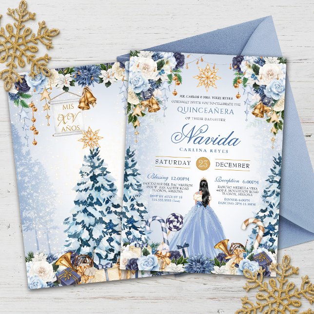 Snowy Winter Ice Blue und Gold Floral Quinceanera Einladung (Von Creator hochgeladen)