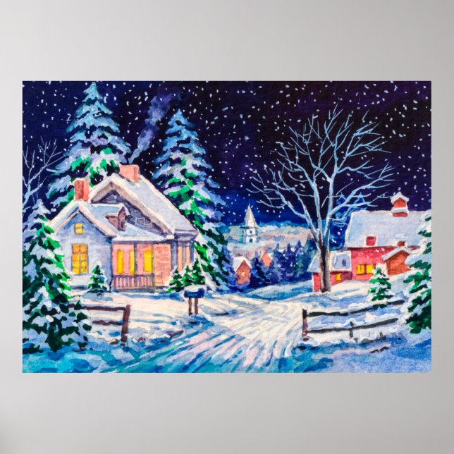 Snowy winter landscape. Country House. Christmas h Poster (Vorne)