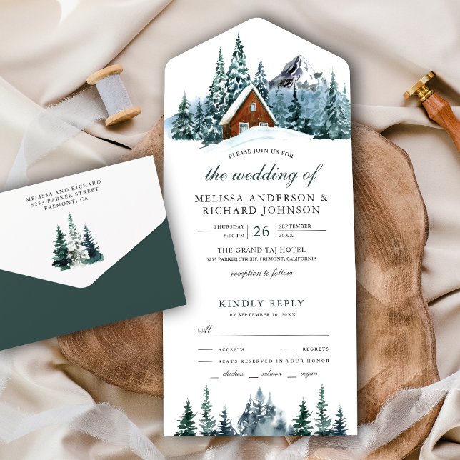 Snowy Winter Mountain Forest Cabin Lodge Hochzeit All In One Einladung (Von Creator hochgeladen)