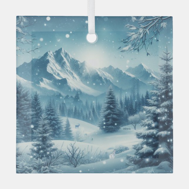 Snowy Winter Mountain Ornament Aus Glas (Vorderseite)