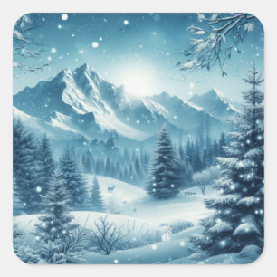 Snowy Winter Mountain Quadratischer Aufkleber