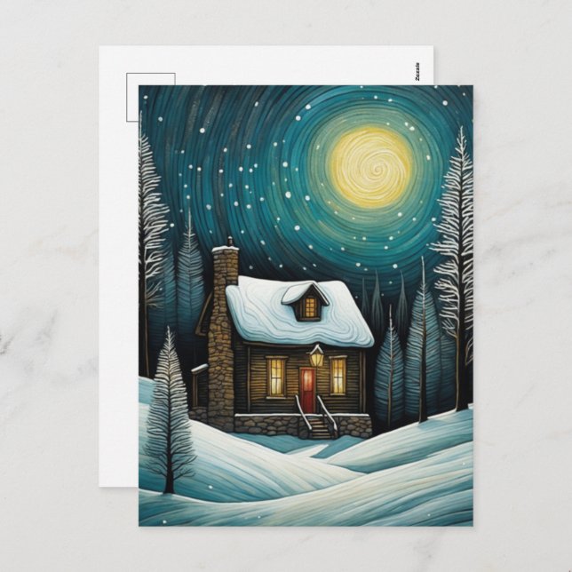 Snowy Winter Night Forest Hütte Weihnachten (Vorne/Hinten)