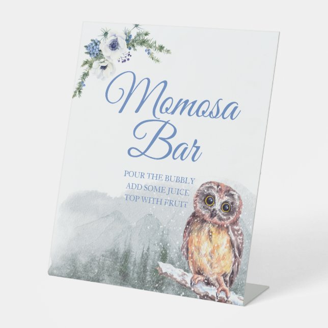 Snowy Winter Owl Baby Dusche Momosa Tafelschild Sockelschild (Vorderseite)