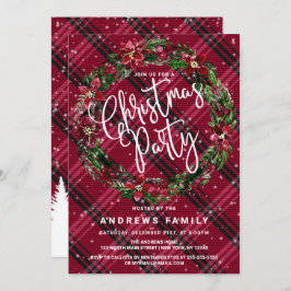 Snowy Winter Red Floral Wreath Flanell Weihnachten Einladung