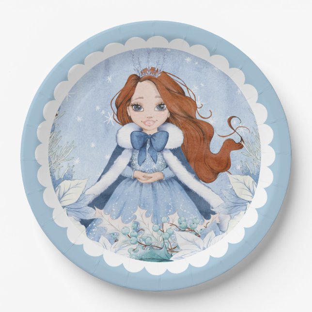 Snowy Winter Red Headed Princess Birthday Pappteller (Vorderseite)