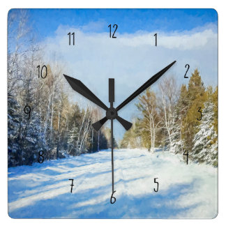 Snowy Winter Road Szene Quadratische Wanduhr