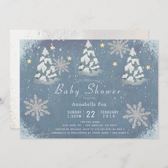 Snowy Winter Silver Snowflake Trees Baby Dusche Einladung (Vorne/Hinten)