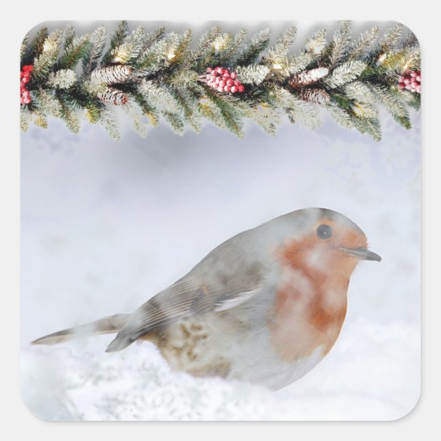 Snowy Winter Snowfinch Weihnachten Quadratischer Aufkleber (Vorderseite)