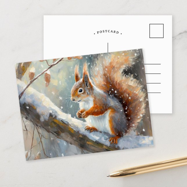 Snowy Winter Squirrel Moderne Kunst Postkarte (Von Creator hochgeladen)