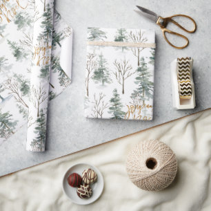 Snowy Winter Trees Joyeux Weihnachten Gold Typogra Geschenkpapier