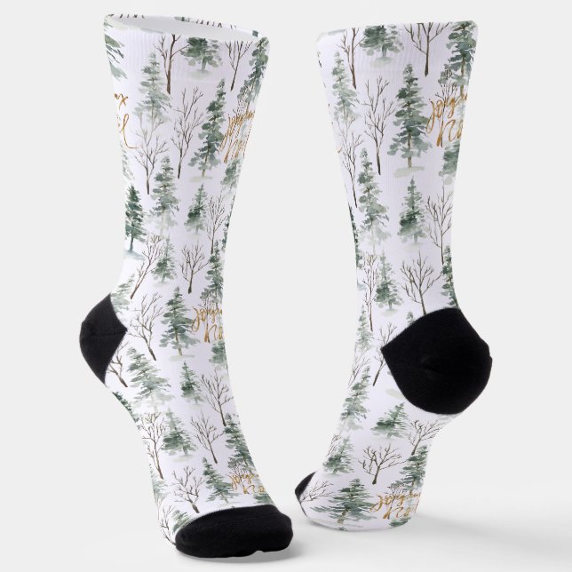 Snowy Winter Trees Muster Gold Typografie Socken (Gewinkelt)