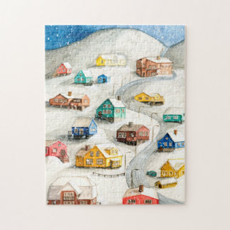 Snowy Winter Village Art Puzzle
