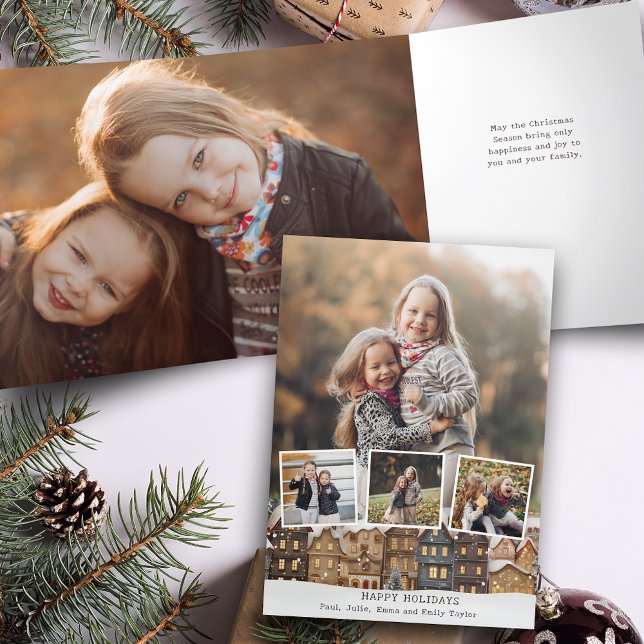 Snowy Winter Village Vier-Foto Collage Dreifach Gefaltete Karte (Von Creator hochgeladen)