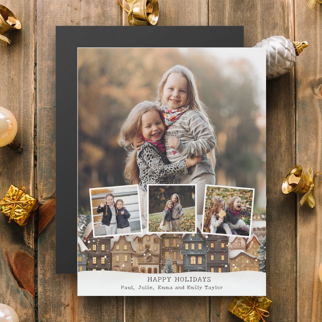 Snowy Winter Village Vier-Foto Collage Magnetkarte (Von Creator hochgeladen)