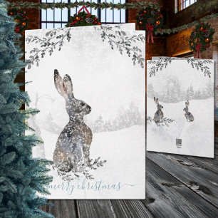 Snowy Winter Woodland Hare Watercolor Holiday Feiertagskarte