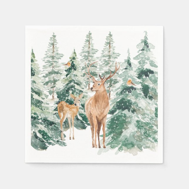 Snowy Winter Woodland Hirsch Weihnachten Serviette (Vorderseite)