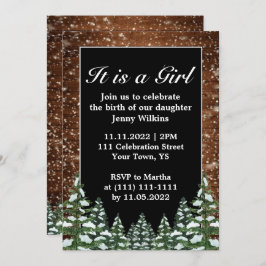 Snowy Wood & Forest Baby Girl Birth Celebration Einladung