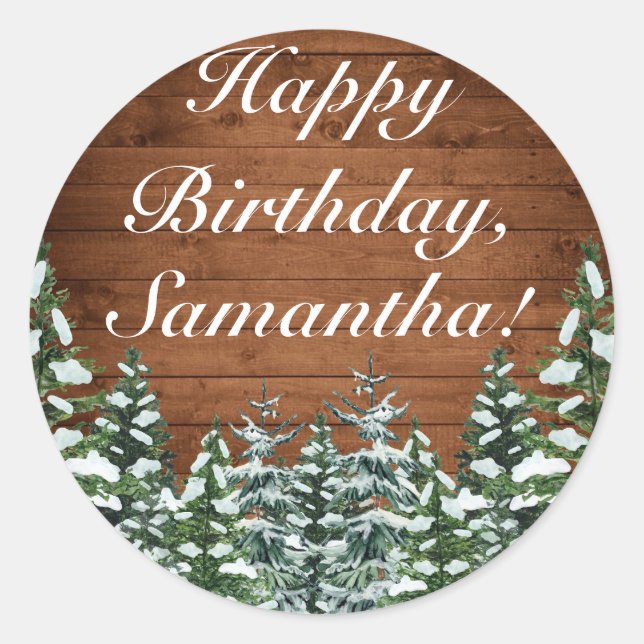 Snowy Wood & Forest Country Pine Happy Birthday Runder Aufkleber (Vorderseite)