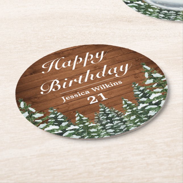 Snowy Wood & Forest Country Pine Happy Birthday Runder Pappuntersetzer (Angewinkelt)