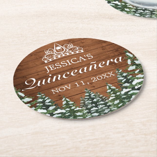 Snowy Wood & Forest Country Pine Tiara Quinceanera Runder Pappuntersetzer (Angewinkelt)