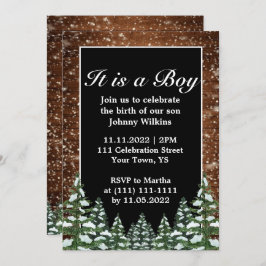 Snowy Wood Forest Pine Baby Boy Birth Celebration Einladung