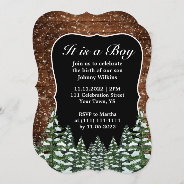 Snowy Wood Forest Pine Baby Boy Birth Celebration Einladung (Vorne/Hinten)