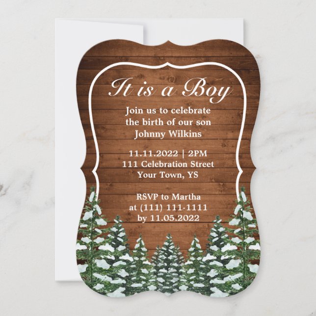 Snowy Wood Forest Pine Baby Boy Birth Celebration Einladung (Vorderseite)