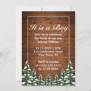 Snowy Wood Forest Pine Baby Boy Birth Celebration Einladung