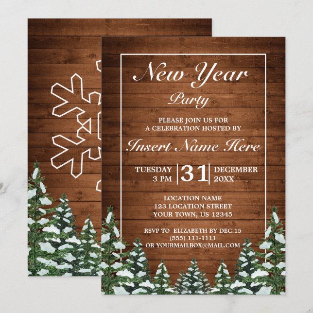 Snowy Wood & Forest Rural Pine New Year Party Einladung (Vorne/Hinten)