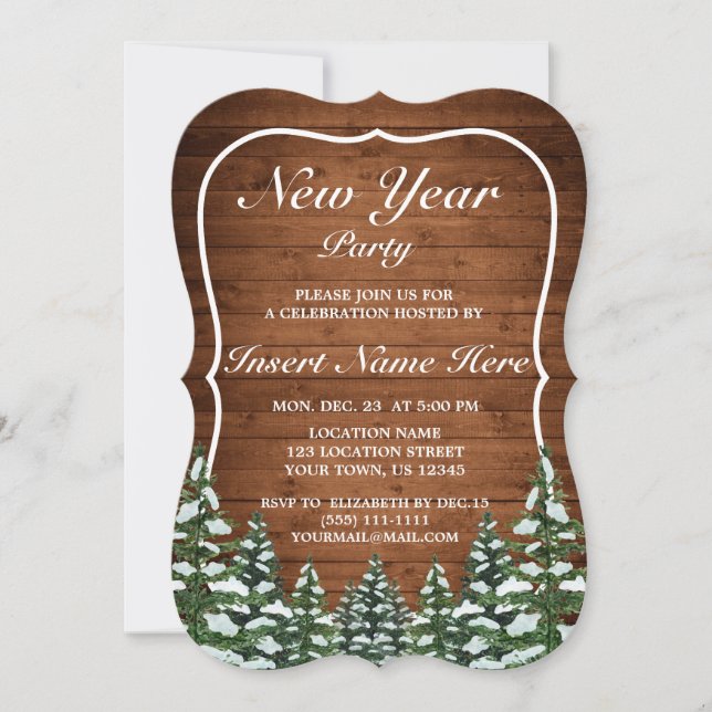 Snowy Wood & Forest Rural Pine New Year Party Einladung (Vorderseite)