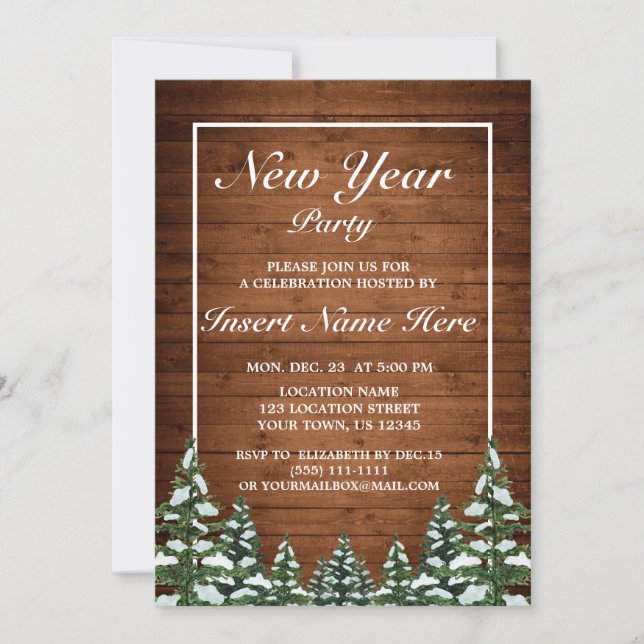 Snowy Wood & Forest Rural Pine New Year Party Einladung (Vorderseite)