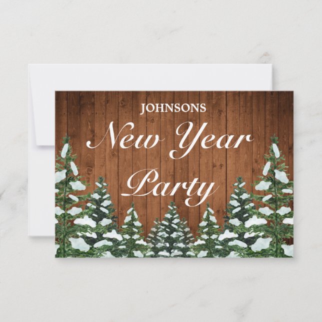 Snowy Wood & Forest Rural Pine New Year Party RSVP Karte (Vorderseite)