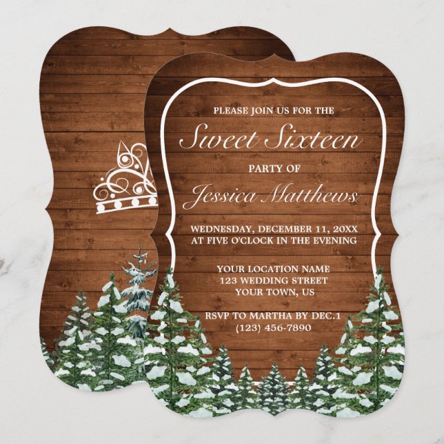 Snowy Wood & Forest Rural Pine Sweet 16 Einladung (Vorne/Hinten)