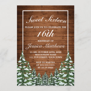 Snowy Wood & Forest Rural Pine Tiara Sweet 16 Einladung