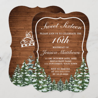 Snowy Wood & Forest Rural Pine Tiara Sweet 16 Einladung