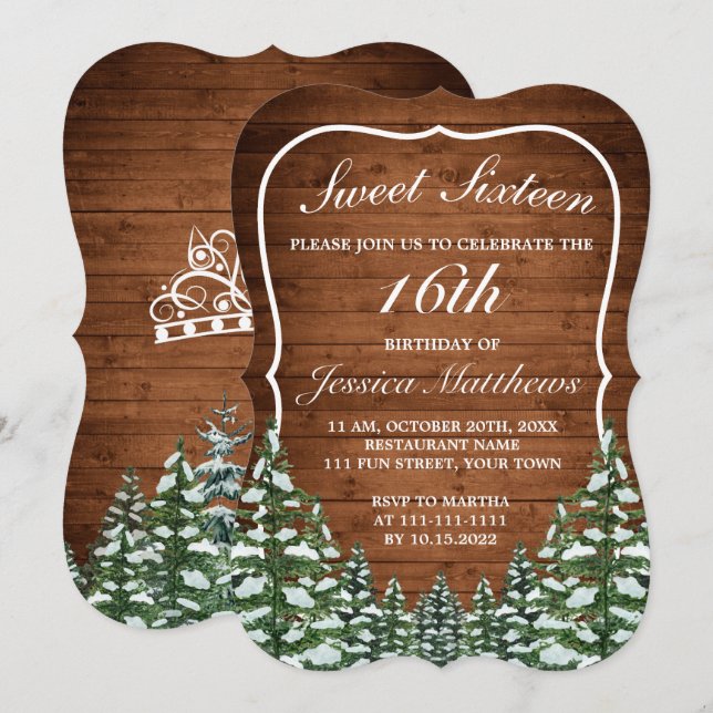 Snowy Wood & Forest Rural Pine Tiara Sweet 16 Einladung (Vorne/Hinten)
