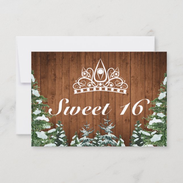 Snowy Wood & Forest Rural Pine Tiara Sweet 16 RSVP Karte (Vorderseite)