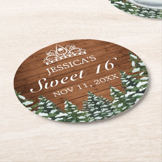 Snowy Wood & Forest Rural Pine Tiara Sweet 16 Runder Pappuntersetzer (Angewinkelt)