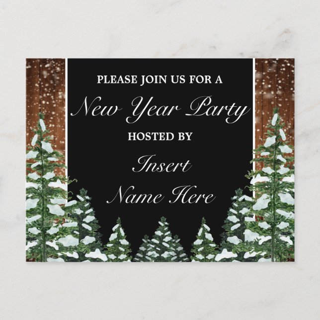 Snowy Wood Pine New Year Party Einladung Postcard (Vorderseite)