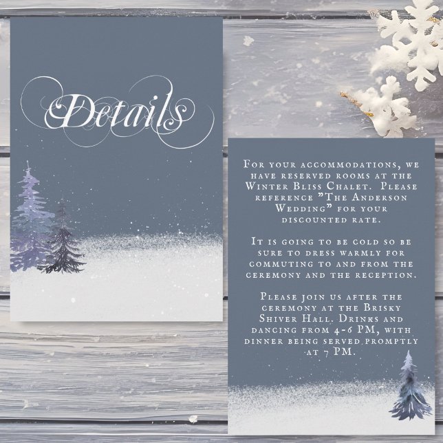 Snowy Woodland Forest Dusty Blue Wedding Details Begleitkarte (Von Creator hochgeladen)