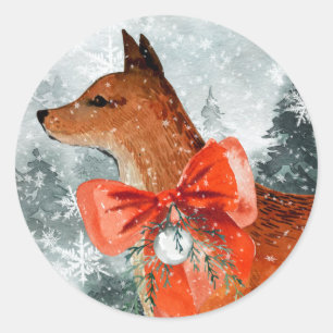 Snowy Woodland Forest Red Fox Holiday Portrait Runder Aufkleber