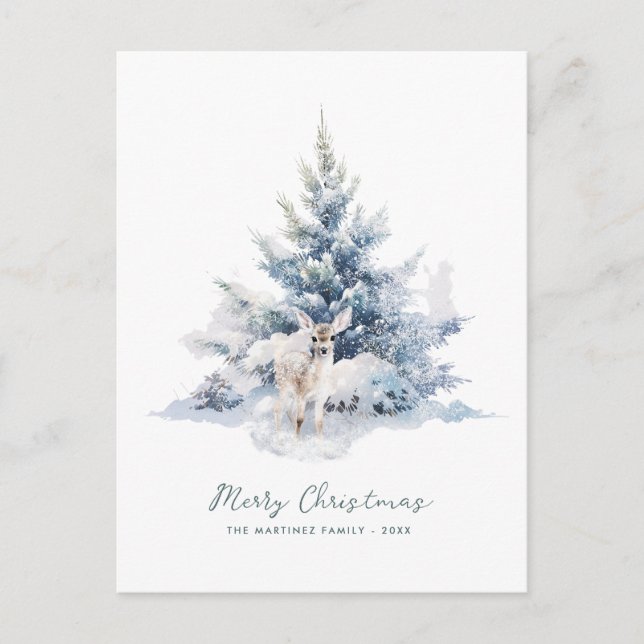 Snowy Woodland Pine Deer Frohe Weihnachten (Vorderseite)