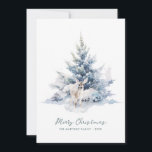 Snowy Woodland Pine Deer Frohe Weihnachtswohnung Feiertagskarte<br><div class="desc">Ein elegantes Aquarell-Hirsche liegt in einem rustikalen,  schneebedeckten Winterkiefernbaum. Frohe Weihnachten ist in einem einfachen Skript unten geschrieben,  mit einer zusätzlichen Zeile unten,  um das Design weiter anpassen. Der gesamte Text auf dieser Karte kann bearbeitet werden. Es gibt eine Weihnachtsbotschaft,  die Sie auf der Rückseite personalisieren können.</div>
