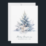 Snowy Woodland Pine Deer Frohe Weihnachtswohnung Feiertagskarte<br><div class="desc">Ein elegantes Aquarell-Hirsche liegt in einem rustikalen,  schneebedeckten Winterkiefernbaum. Frohe Weihnachten ist in einem einfachen Skript unten geschrieben,  mit einer zusätzlichen Zeile unten,  um das Design weiter anpassen. Der gesamte Text auf dieser Karte kann bearbeitet werden. Es gibt eine Weihnachtsbotschaft,  die Sie auf der Rückseite personalisieren können.</div>