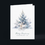 Snowy Woodland Pine Deer Frohe Weihnachtswohnung Karte<br><div class="desc">Ein elegantes Aquarell-Hirsche liegt in einem rustikalen,  schneebedeckten Winterkiefernbaum. Frohe Weihnachten ist in einem einfachen Skript unten geschrieben,  mit einer zusätzlichen Zeile unten,  um das Design weiter anpassen. Der gesamte Text auf dieser Karte kann bearbeitet werden. Es gibt eine Weihnachtsbotschaft,  die Sie auf der Rückseite personalisieren können.</div>