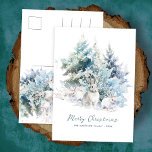 Snowy Woodland Pine Rabbit Frohe Weihnachten<br><div class="desc">Eine süße Kaninchenfamilie erfroren in schneebedeckten Winterkiefern. Frohe Weihnachten ist in einem einfachen Skript unten geschrieben,  mit einer zusätzlichen Zeile nach,  um das Design weiter anpassen. Der gesamte Text auf dieser Karte kann bearbeitet werden. Es gibt eine Weihnachtsbotschaft,  die Sie auf der Rückseite personalisieren können.</div>