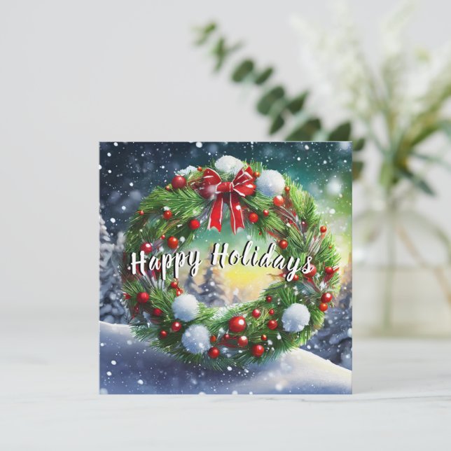 Snowy Wreath Holiday Dinner Einladung (Stehend Vorderseite)