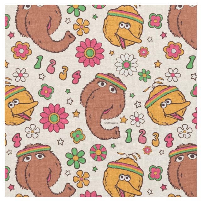 Snuffleupagus und Big Bird Groovy Blume Muster Stoff (Nahaufnahme)
