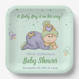 Snuggle Baby Boy - Green & Lila Baby Dusche Pappteller