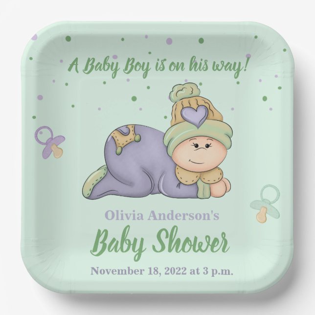 Snuggle Baby Boy - Green & Lila Baby Dusche Pappteller (Vorderseite)